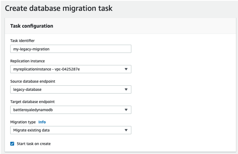 SQL Server to DynamoDB - Create database migration task