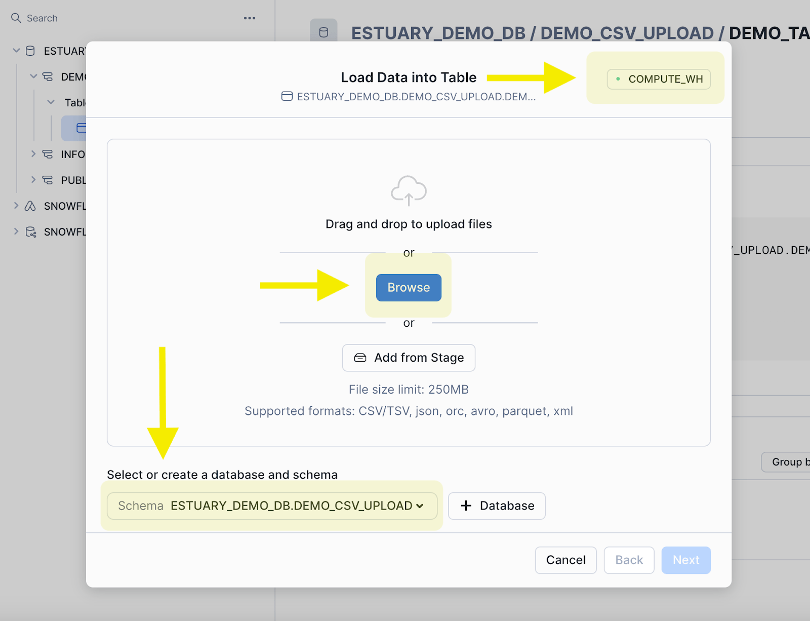 MySQL to Snowflake - Load Data into Table - Select Database and Schema