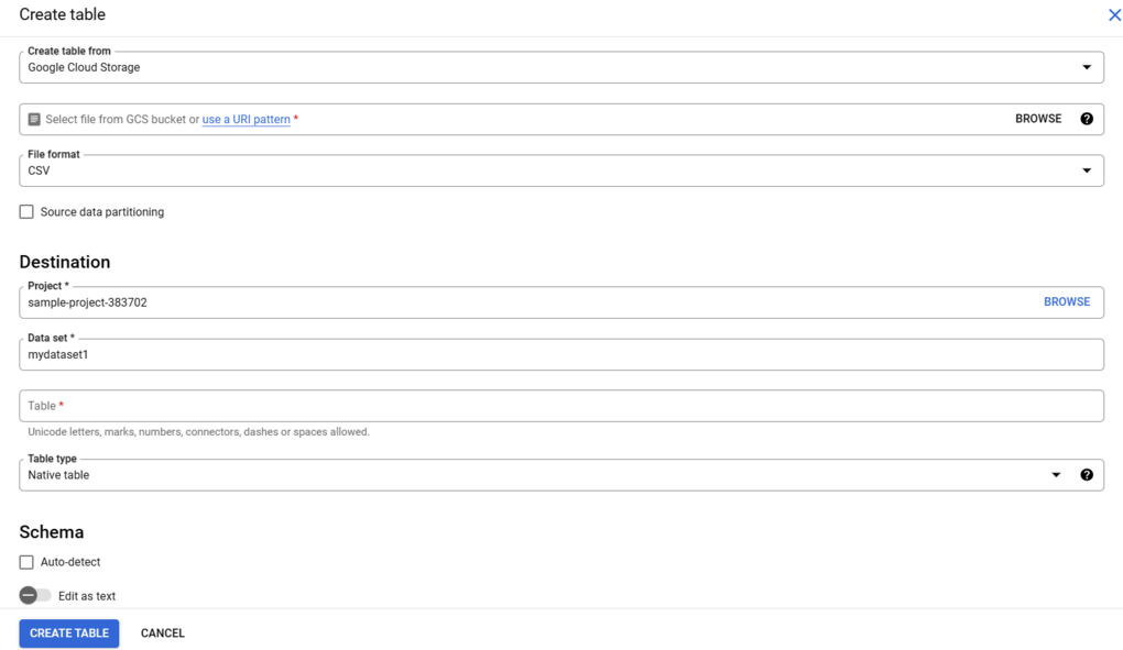 csv to bigquery - Bigquery create table page