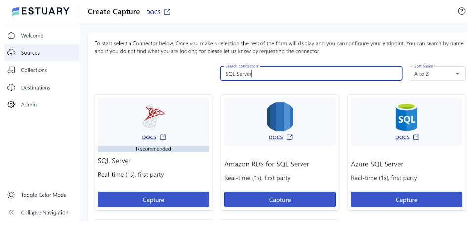 SQL Server to DynamoDB - Source Search Connectors Page