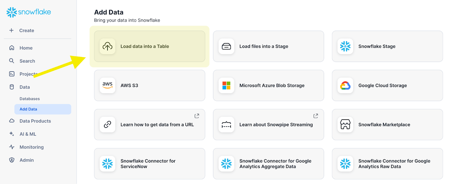 MySQL to Snowflake - Upload extracted files using Snowsight interface - Click Load data into a Table