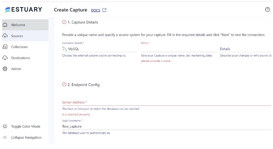 MySQL to DynamoDB - Source Specify Details Page