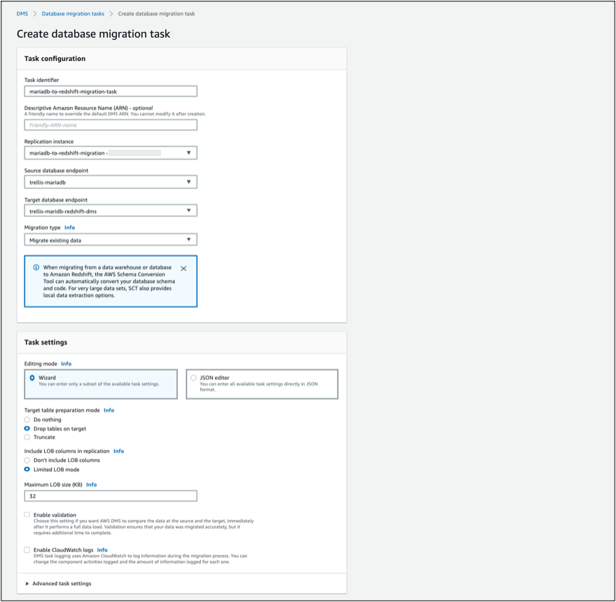 MariaDB to Redshift - DMS Step 4 - Create database migration task