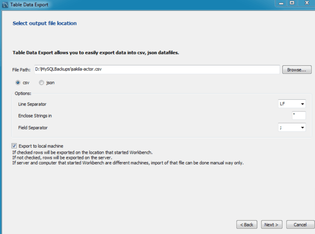 mysql to pinecone - Select Output file location