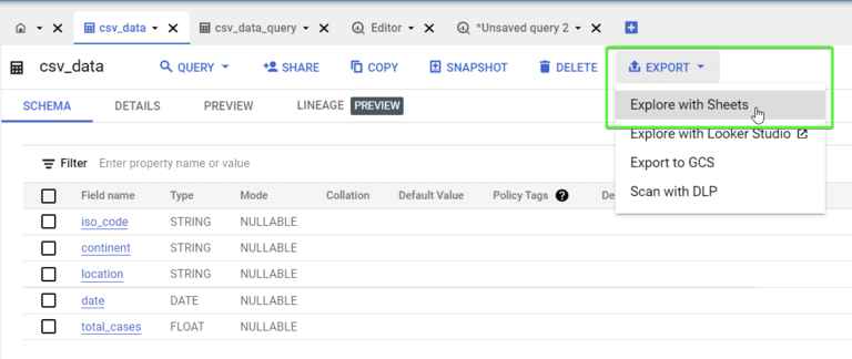 BigQuery to Google sheets - Sheets Step 1