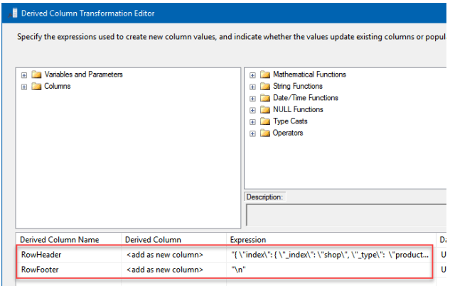 SQL Server to elasticsearch - configure derived column page