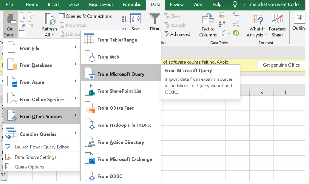 Excel to PostgreSQL - Microsoft query