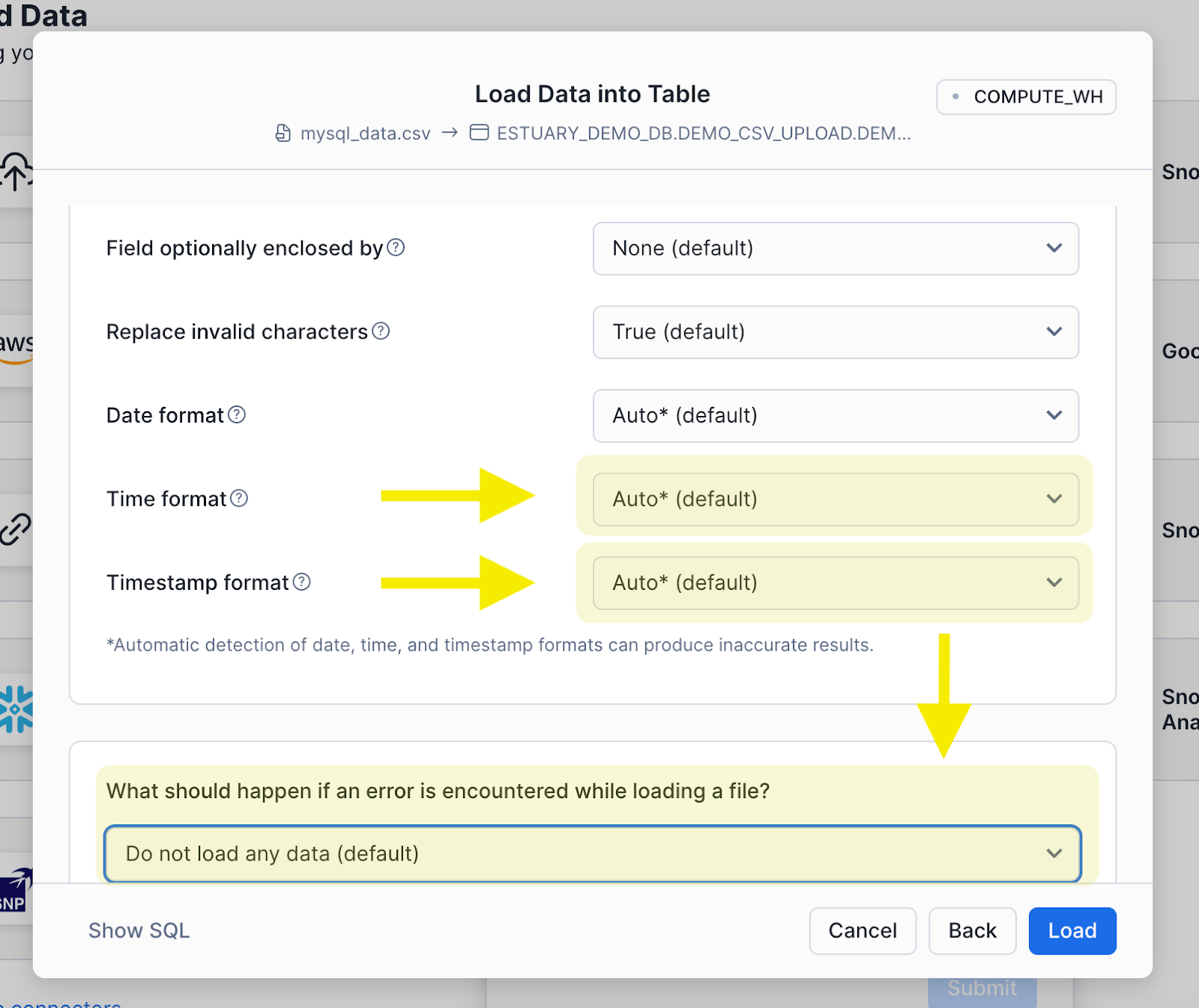 MySQL to Snowflake - Add Time Format and Click Blue Load Button