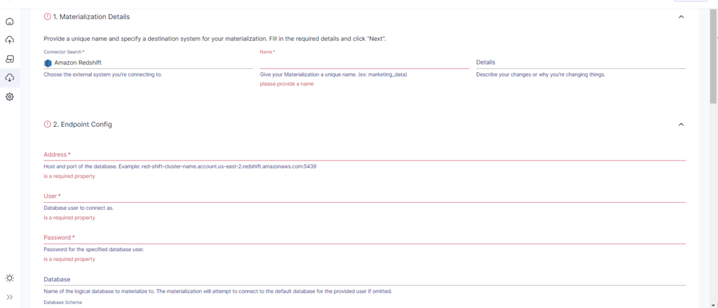 Firestore to redshift - redshift configuration details