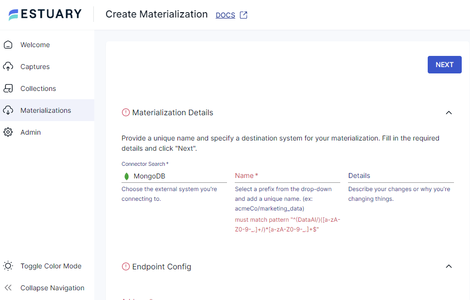 Create Materialization - postgres to mongodb