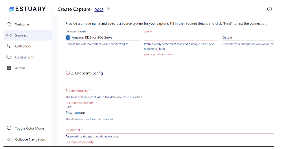 amazon rds to redshift - endpoint config details