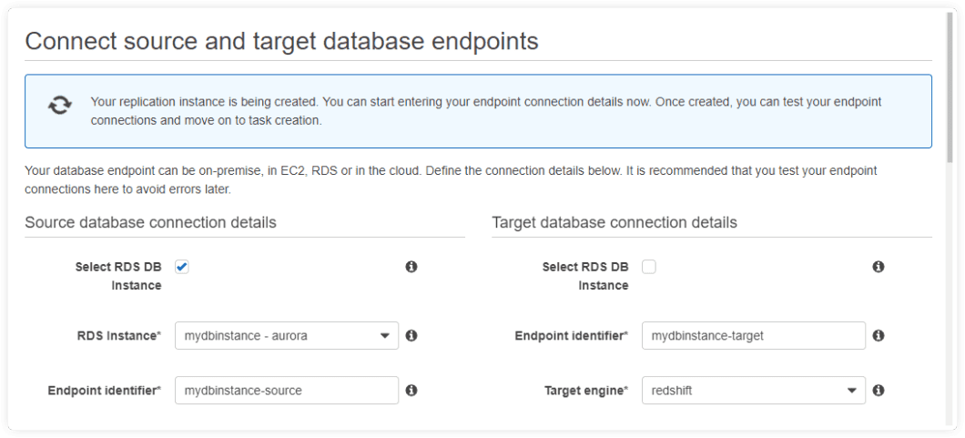 Aurora to Redshift - Connect source and database endpoints