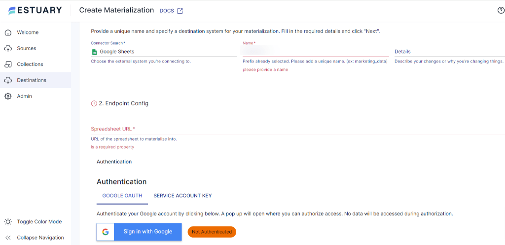 redshift to google sheets-estuary materialization